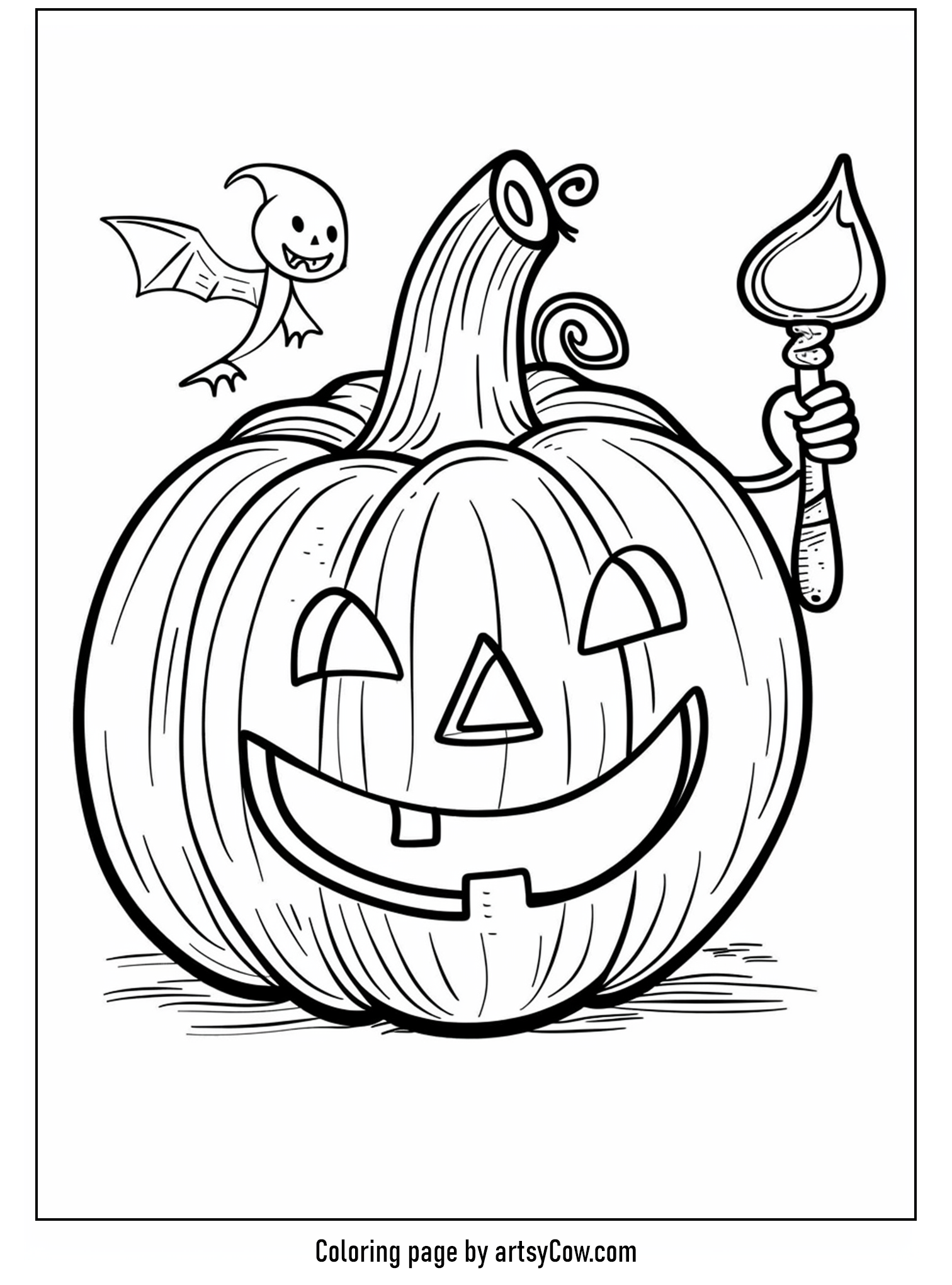 halloween pumpkin drawings for kids, featuring a smiling pumpkin with a magic wand and a playful ghost